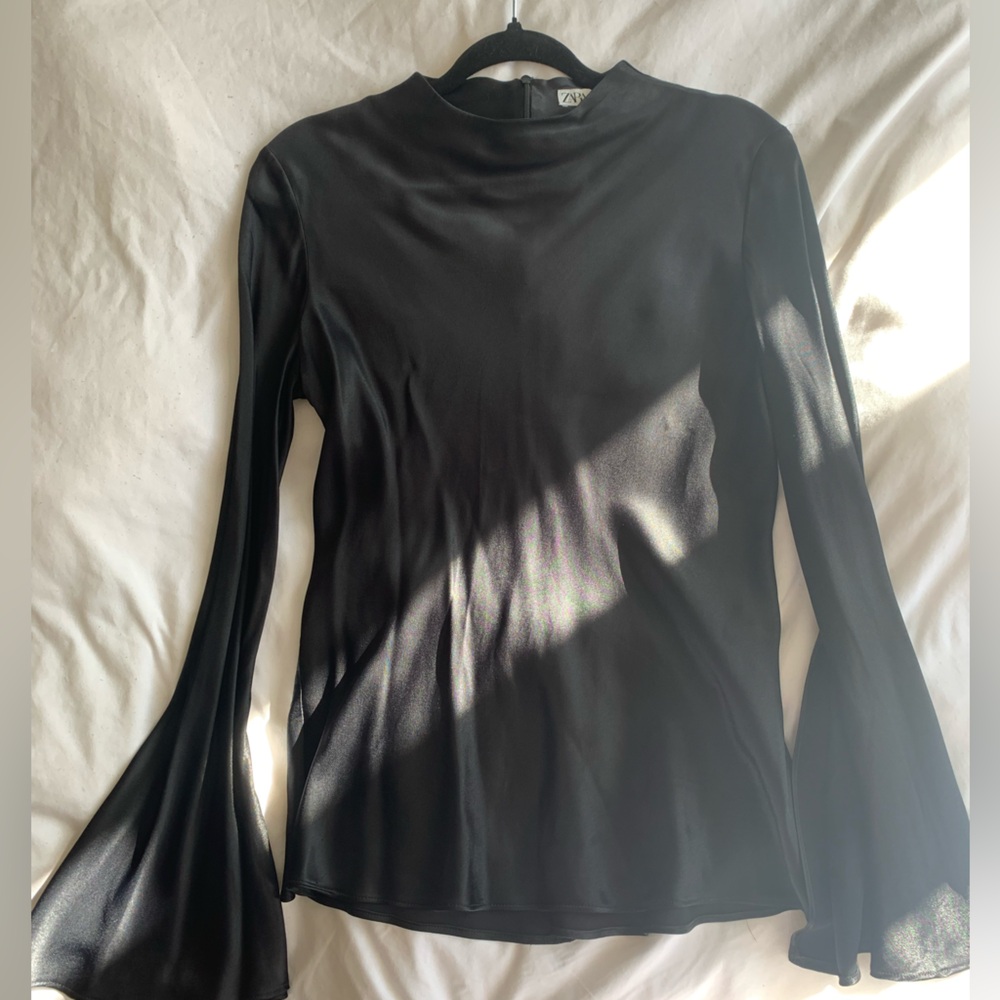 Zara Black Silk Slit-Sleeve Mock Neck Top